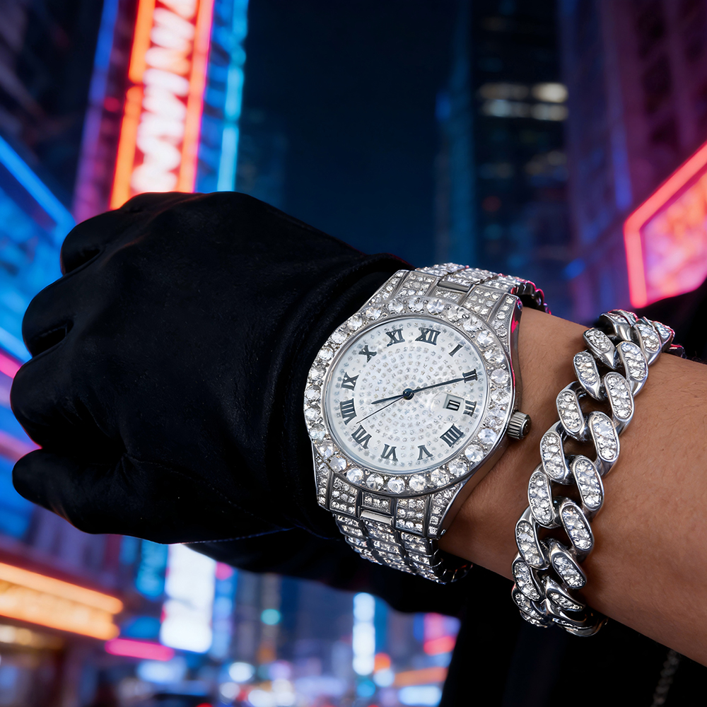 1 Hip-hop Full Diamond Silver  - مراجعة Jewelry Watches Men وسعره