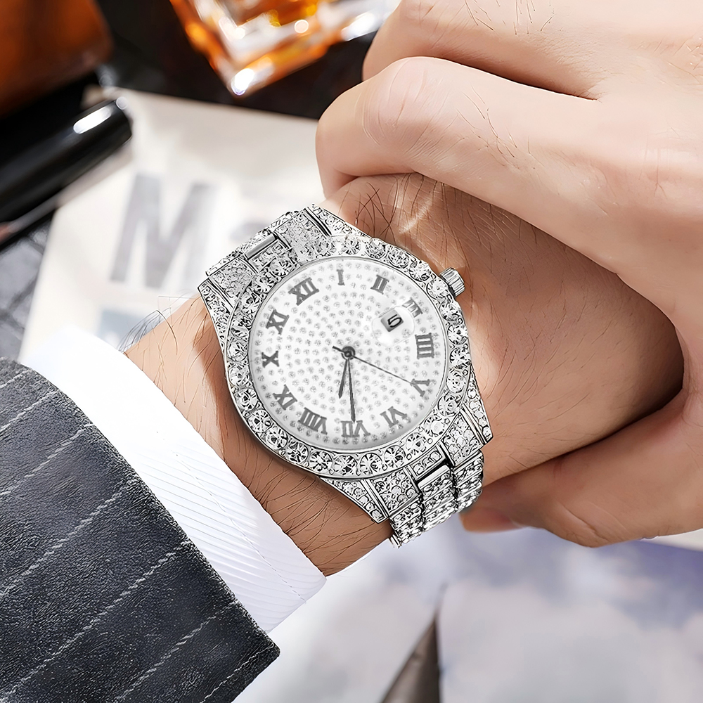1 Hip-hop Full Diamond Silver  - مراجعة Jewelry Watches Men وسعره
